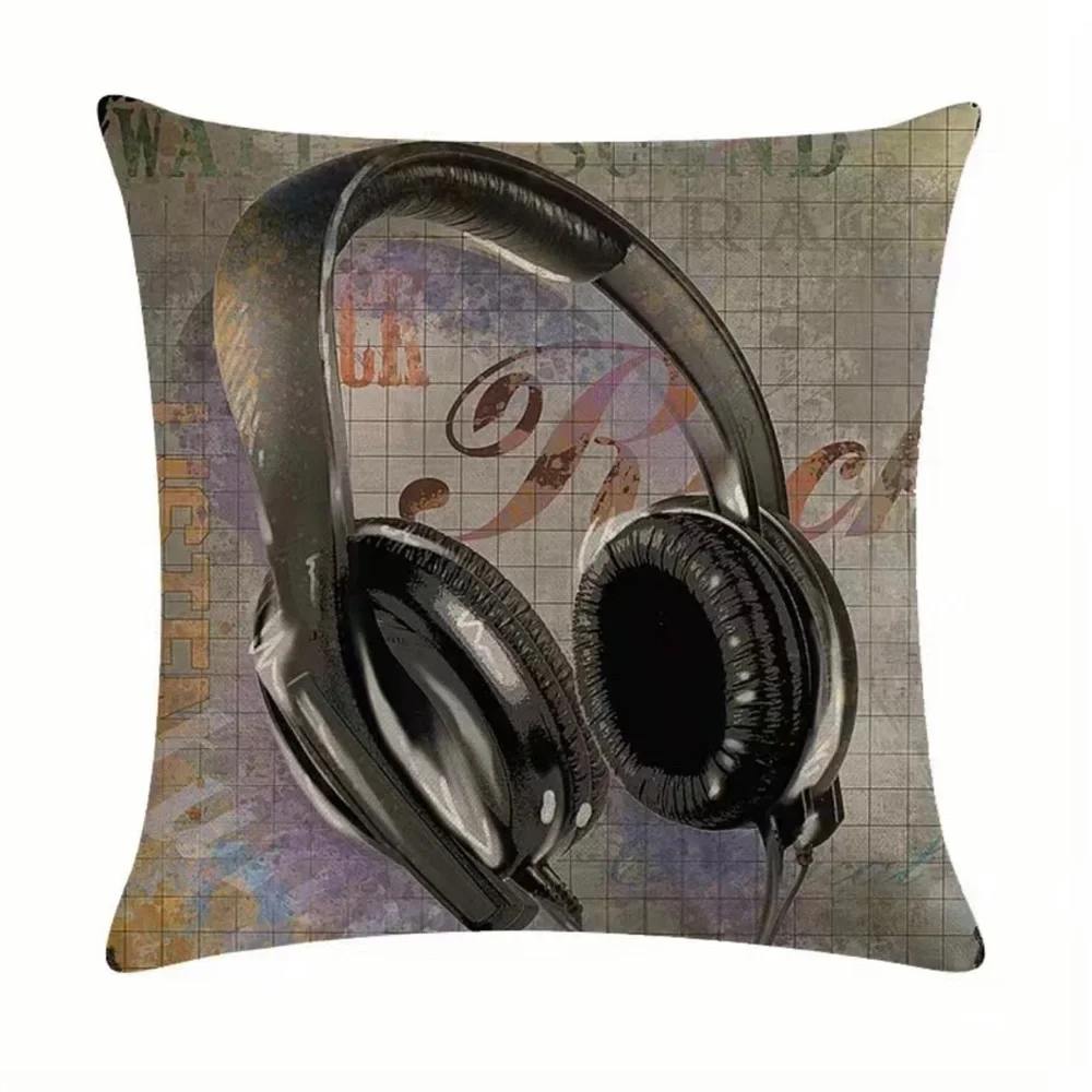 4 Pc Throw Pillow Covers‎ Guitar Microphone Headphone No Pillow Insert, 18*18in